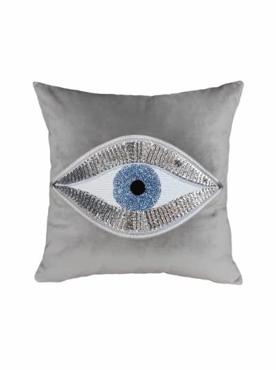 18"x18" Evil Eye Sequin Velvet Throw Pillow Cover – Silver, Gold & Pink, Zipper
