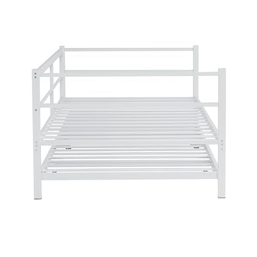 Pop Up Trundle, Heavy Duty Metal Twin Bed with Trundle, No Box Spring Needed, White