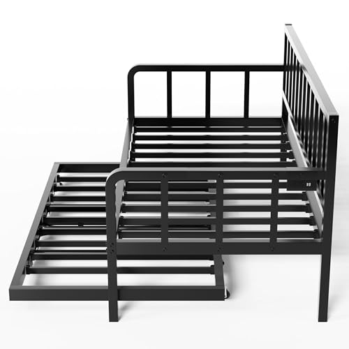 Trundle Bed, Twin Bed Frame with Charging Station and LED Lights