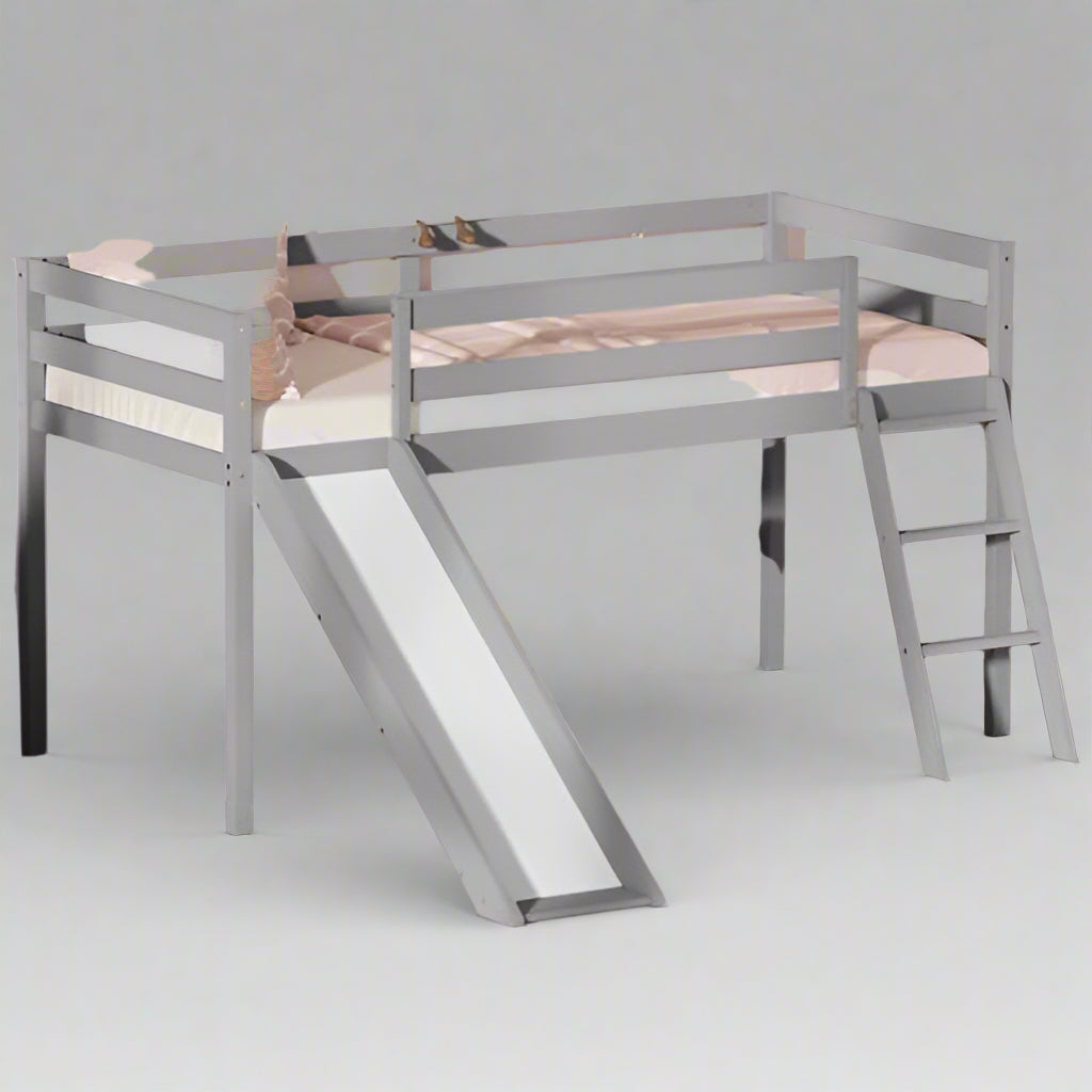 Low Loft Bed with Slide, Wood Twin Loft Bed Frame with Climbing Ladder & Storage