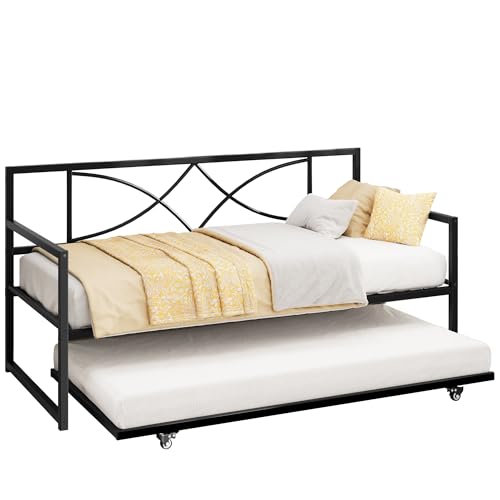 Twin Daybed with Pull Out Trundle, Metal Day Bed with Adjustable Height