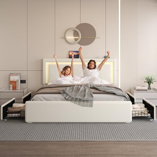 Size Bed Frame with 4 Storage Drawers and LED Lights, Upholstered Platform