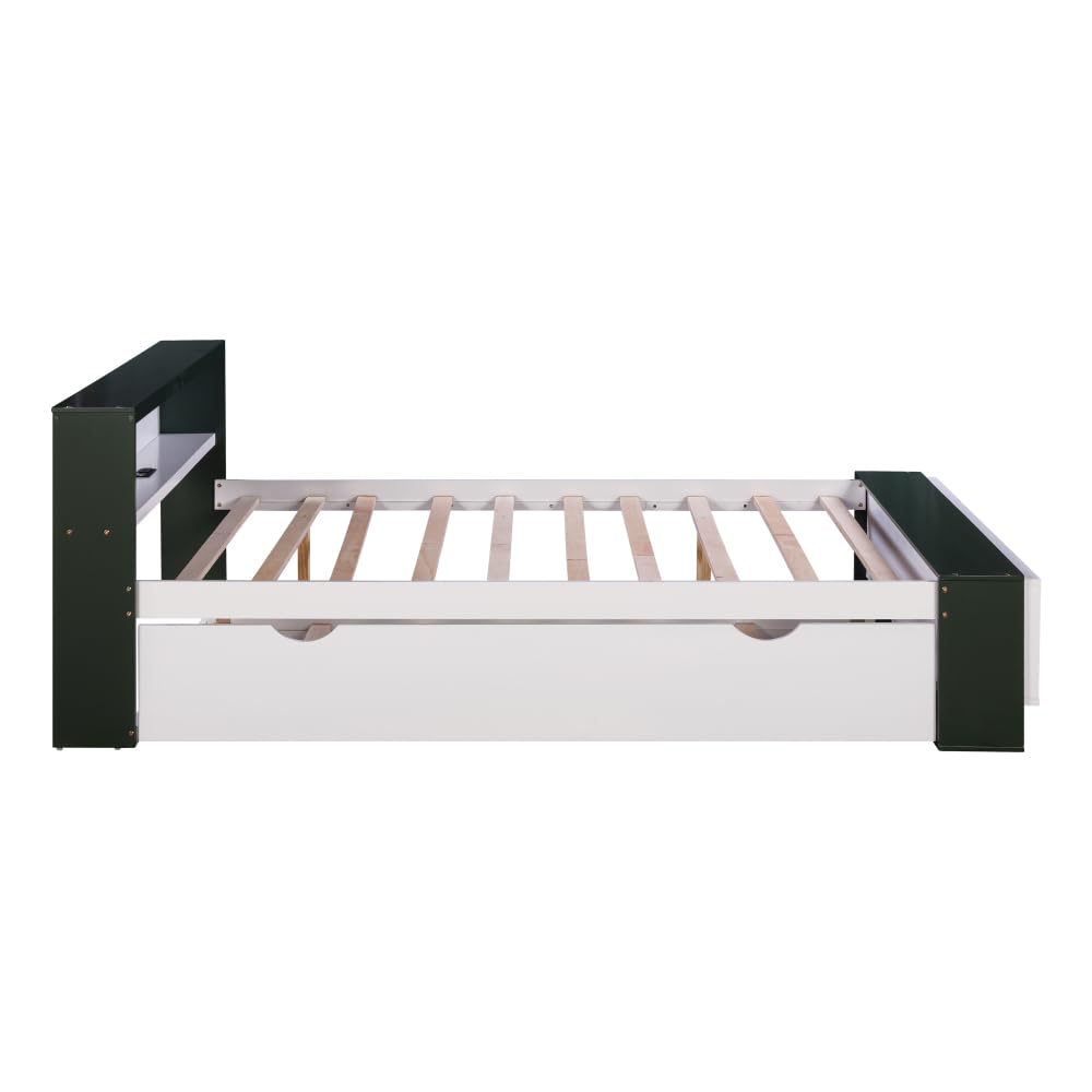 Bed with Trundle, Storage Headboard & Footboard, USB Charging Design