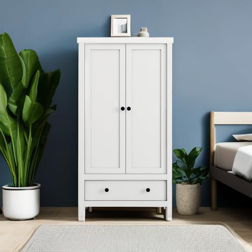 2 Door Wardrobe, Armoire with Drawer for Bedroom (White)