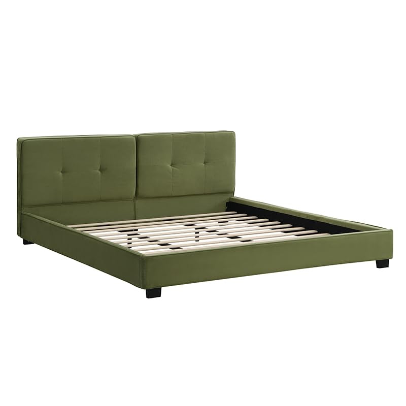 Cordo King Size Bed, Velvet Upholstered Platform Bed, Wooden Slats Panel Support