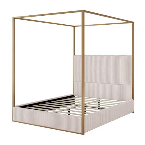 Merax Modern Luxury Queen Metal Canopy Bed with Tall Upholstered Headboard, Gold Four Poster Bed, No Box Spring Needed, Beige