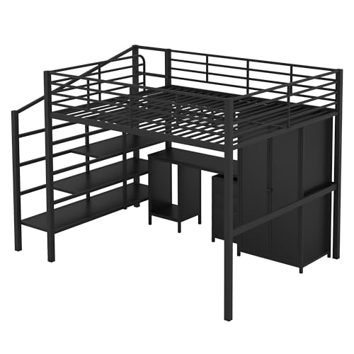 Full Size Loft Bed - Industrial Metal Full Loft Bed with Desk, Wardrobe & Cabinet