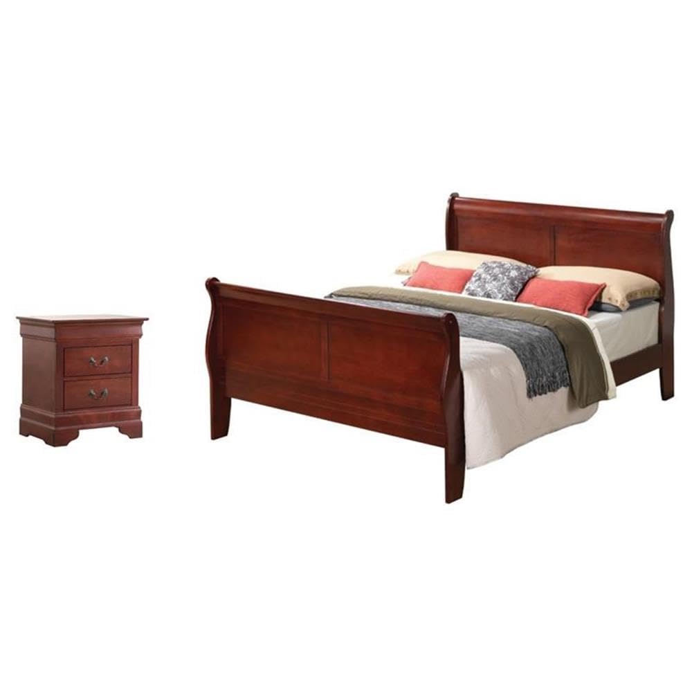 Set of 2 King Sleigh Bed and 2-Drawer Nightstand in Cherry