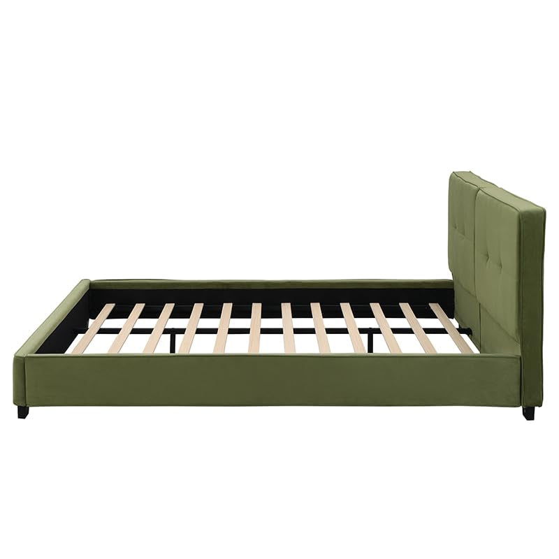 Cordo King Size Bed, Velvet Upholstered Platform Bed, Wooden Slats Panel Support