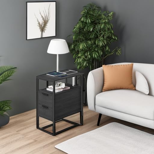 Side Table with Charging Station, Narrow End Table with 2 Drawers