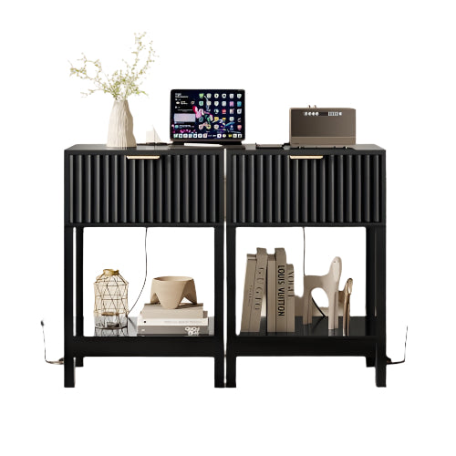 Night Stand Set 2, Fluted Nightstand with Charging Station
