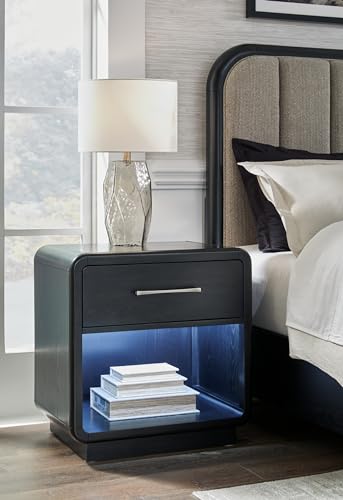 Rowanbeck Modern Felt-Lined 1 Drawer Nightstand with 1 Lower Shelf, LED Lights