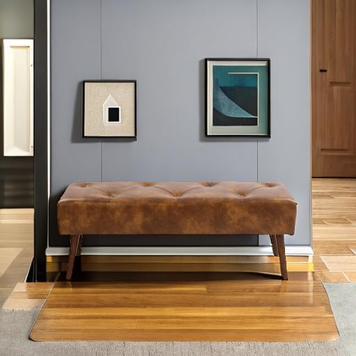 44 Inch Tufted Leather Bench, Leather Footrest Stool Bedroom Bench