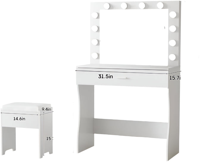 Mirror and Lights, Adjustable Brightness, White Vanity Table Set with Storage
