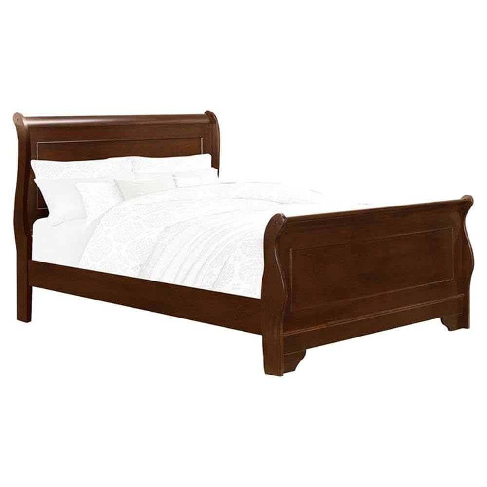 Queen Size Sleigh Bed with Footboard in Wood, in Cherry, Easy Assembly