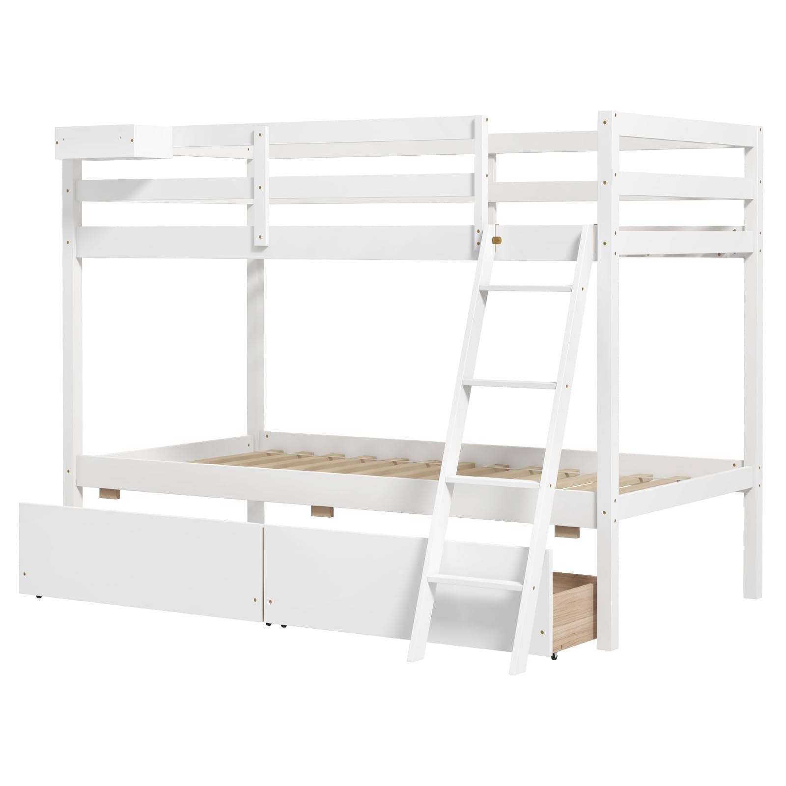 Bed Twin Over Twin with 2 Storage Drawers, Solid Wood Bed Frame