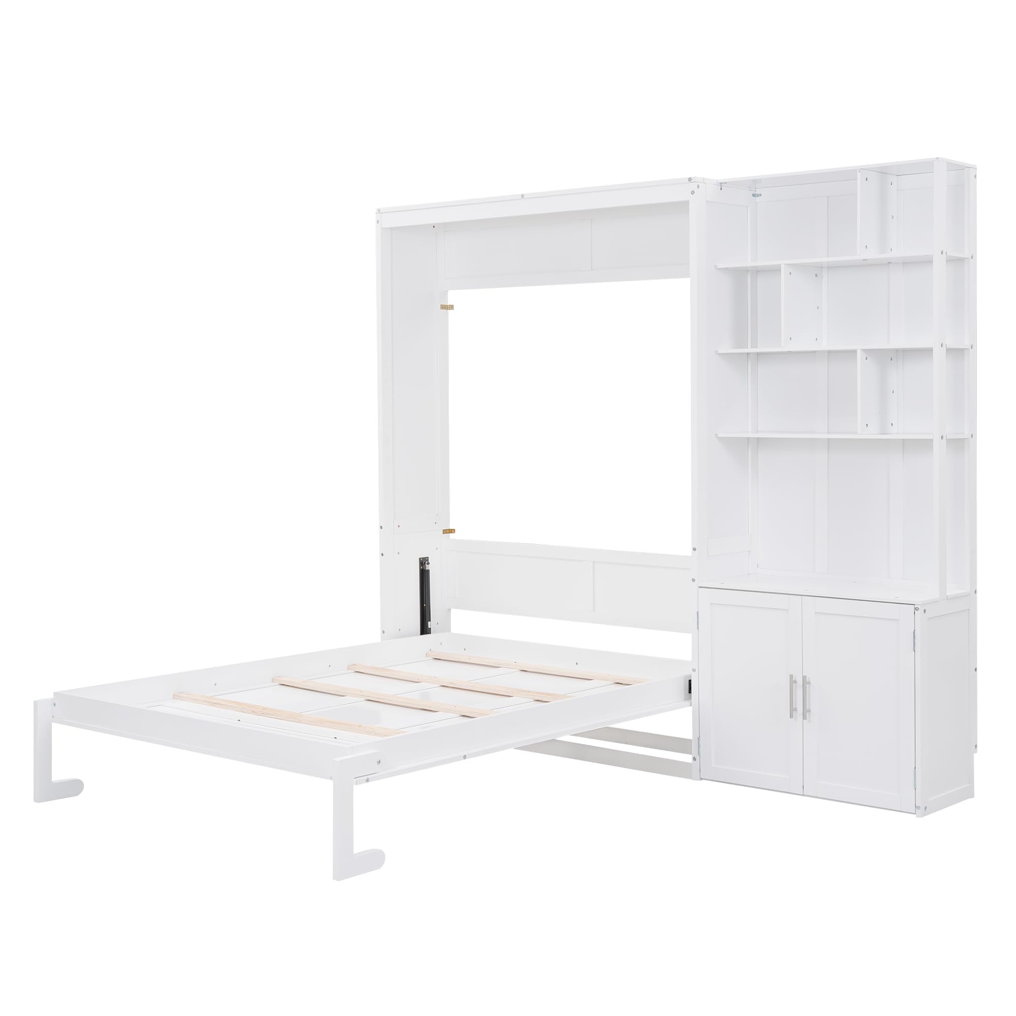 Size Murphy Bed, White Wood Wall Bed Cabinet with Multiple Storage Shelves