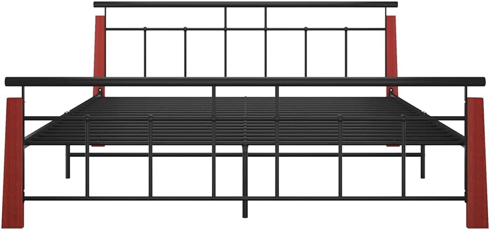 Bed Frame Black, Dark Oak Powder-Coated Metal, Solid Oak Wood