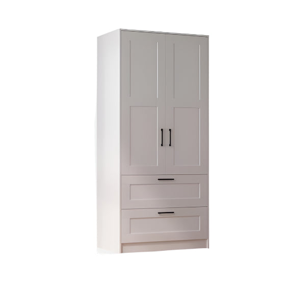 Wood White Wardrobe Closet with 2 Doors and 2 Drawers