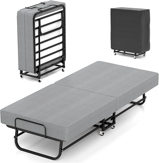 Mattress, Portable Foldable Bed for Adults, Roll Away Guest on Wheels