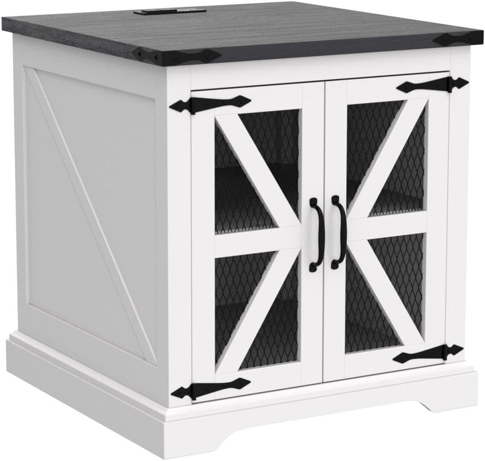 Farmhouse End Table, 24" Large Sofa Side Table with Charging Station