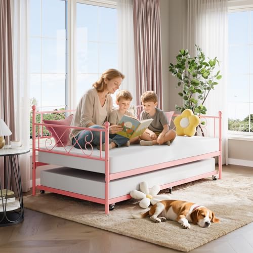 Twin Metal Daybed with Trundle, Premium Steel Slat Support