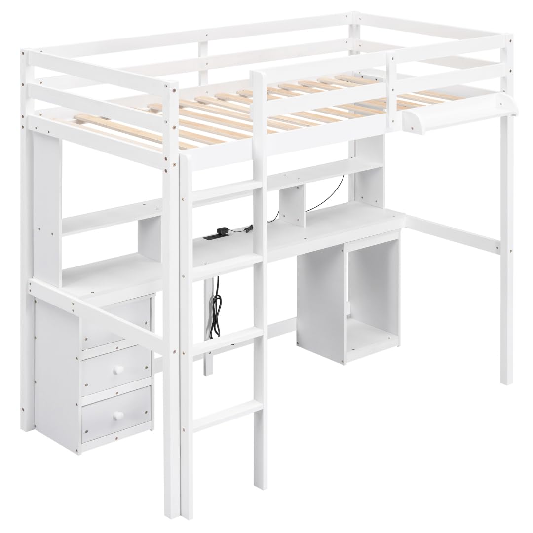 Full Size Loft Bed with Multi-Storage Desk,LED Light and Bedside Tray
