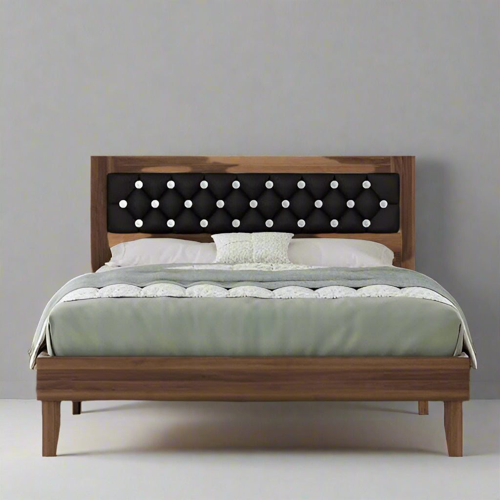 Queen Size Bed Frame, Wooden Platform Bed with Diamond Tufted Headboard