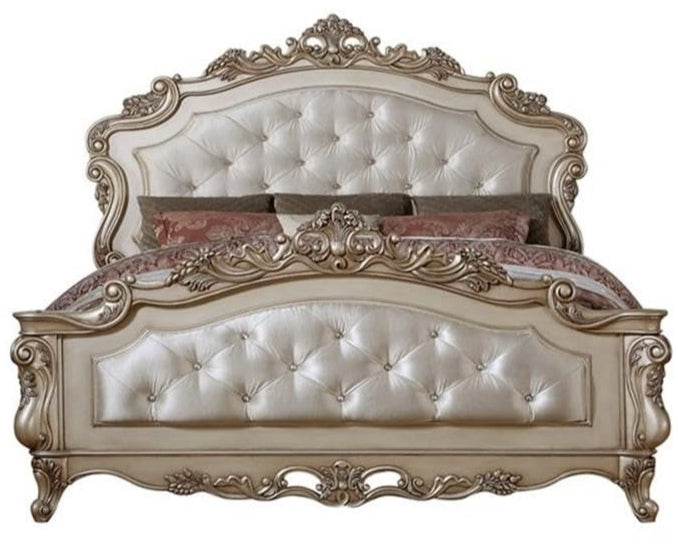 Gorsedd Tufted Eastern King Panel Bed in Cream Fabric and Golden Ivory