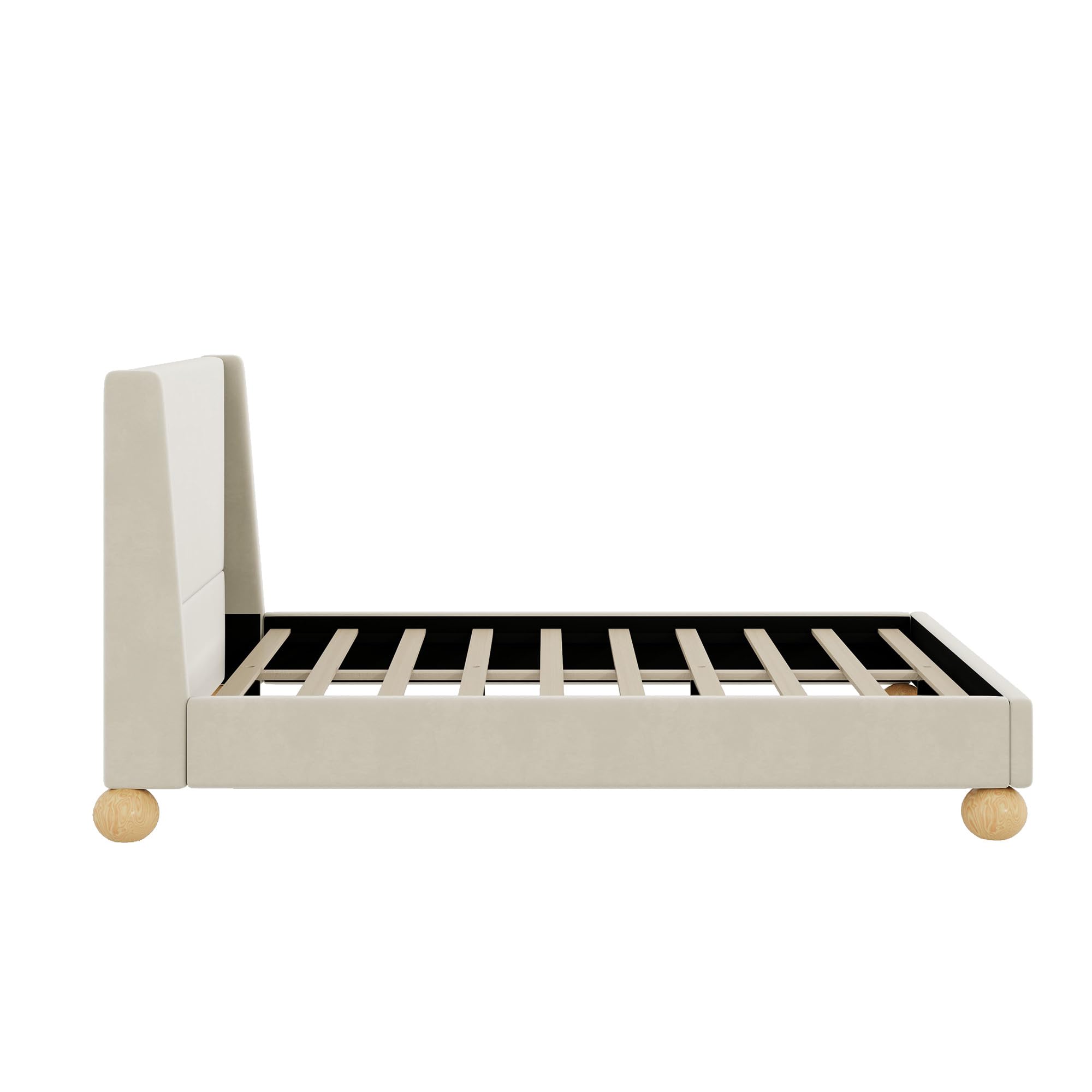 Modern Velvet Upholstered Platform Bed with Wingback Headboard and Round Wooden