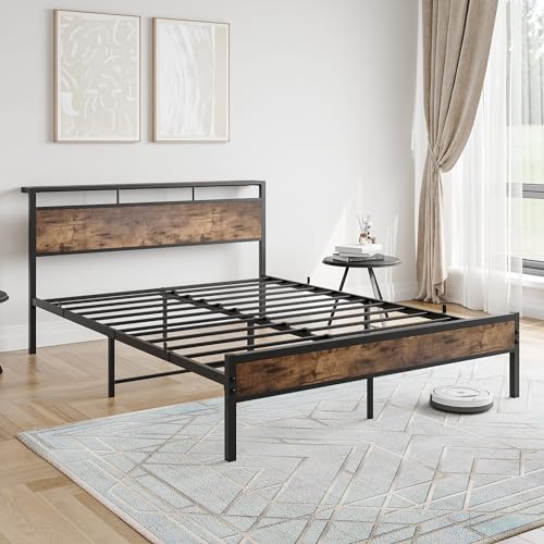 Queen Size Bed Frame, Storage Headboard with USB and TypeC Charging Station, Metal Platform Bed with Strong Supports,Sturdy and Noise-Free, No Box Spring Needed,Easy Assembly, Vintage Brown
