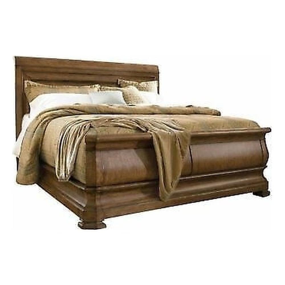Contemporary King Wooden Sleigh Bed in Cognac Brown Finish