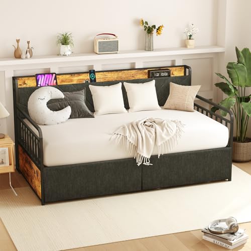 Twin Daybed with 2 Storage Drawers Charging Station LED Lights and Upholstered