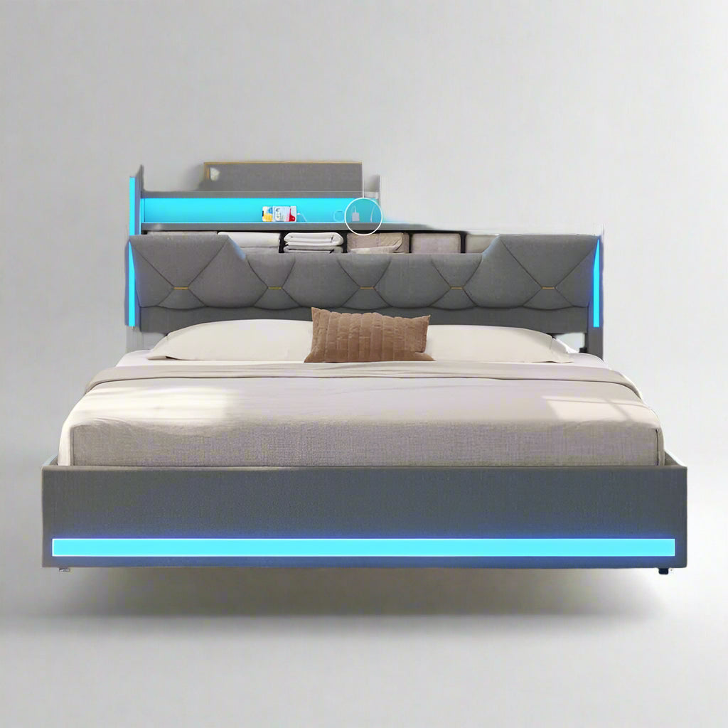 Queen Bed Frame with Storage Headboard, Metal Bed Frame with LED Lights