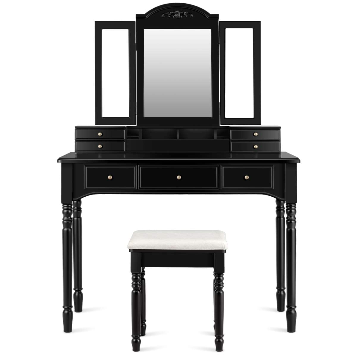 Vanity Desk Set with Mirror and 7 Drawers, Makeup Dressing Table w/Cushioned