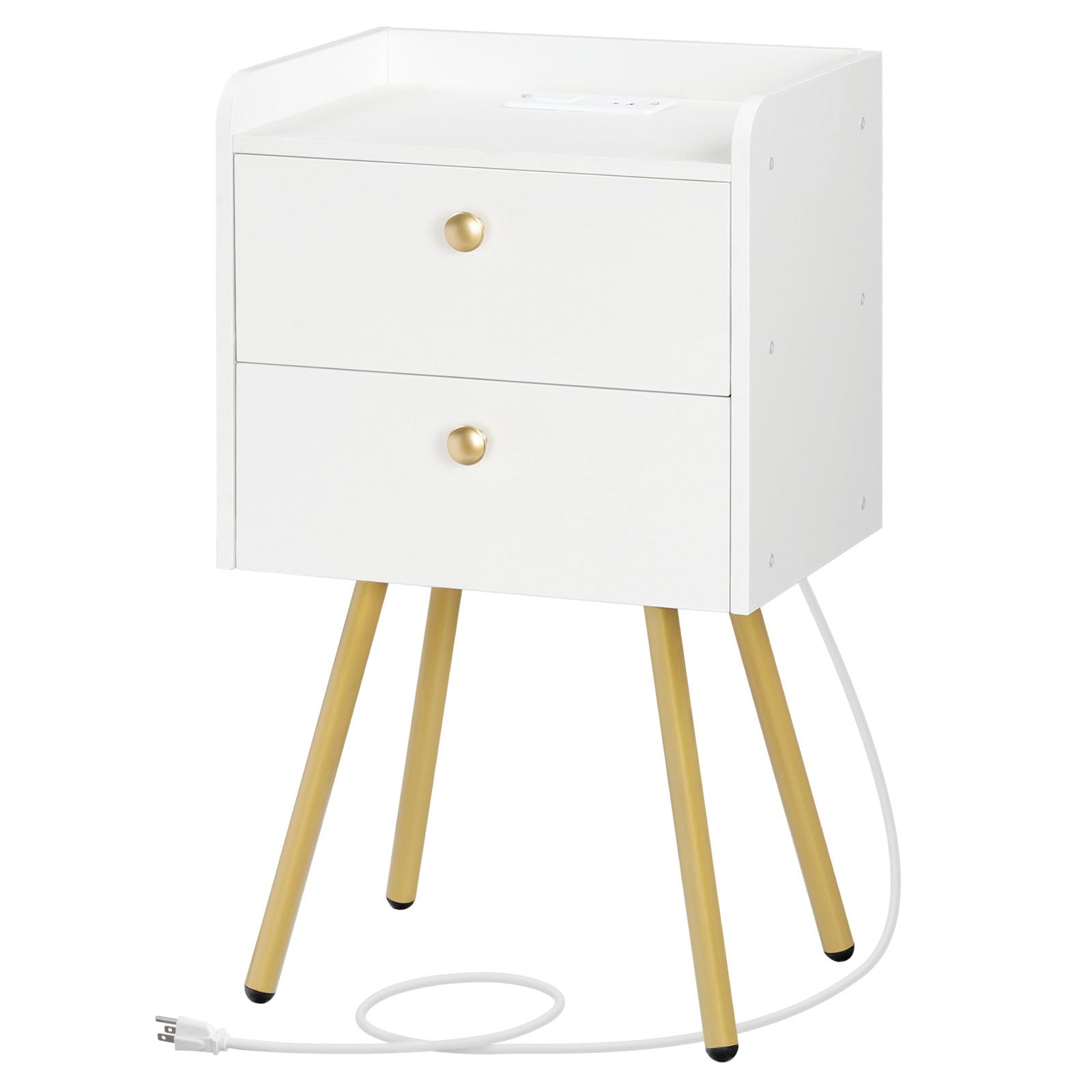 Nightstand with Charging Station, Modern End Table with 2 Drawers