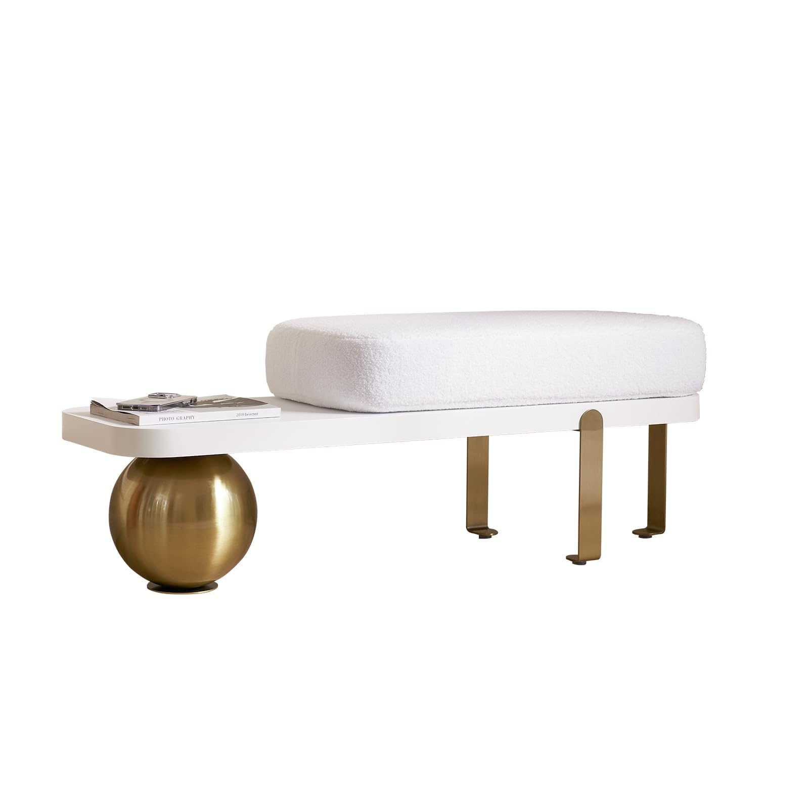 Bench, Wooden Bench Boucle Upholstered Bench with Abstract