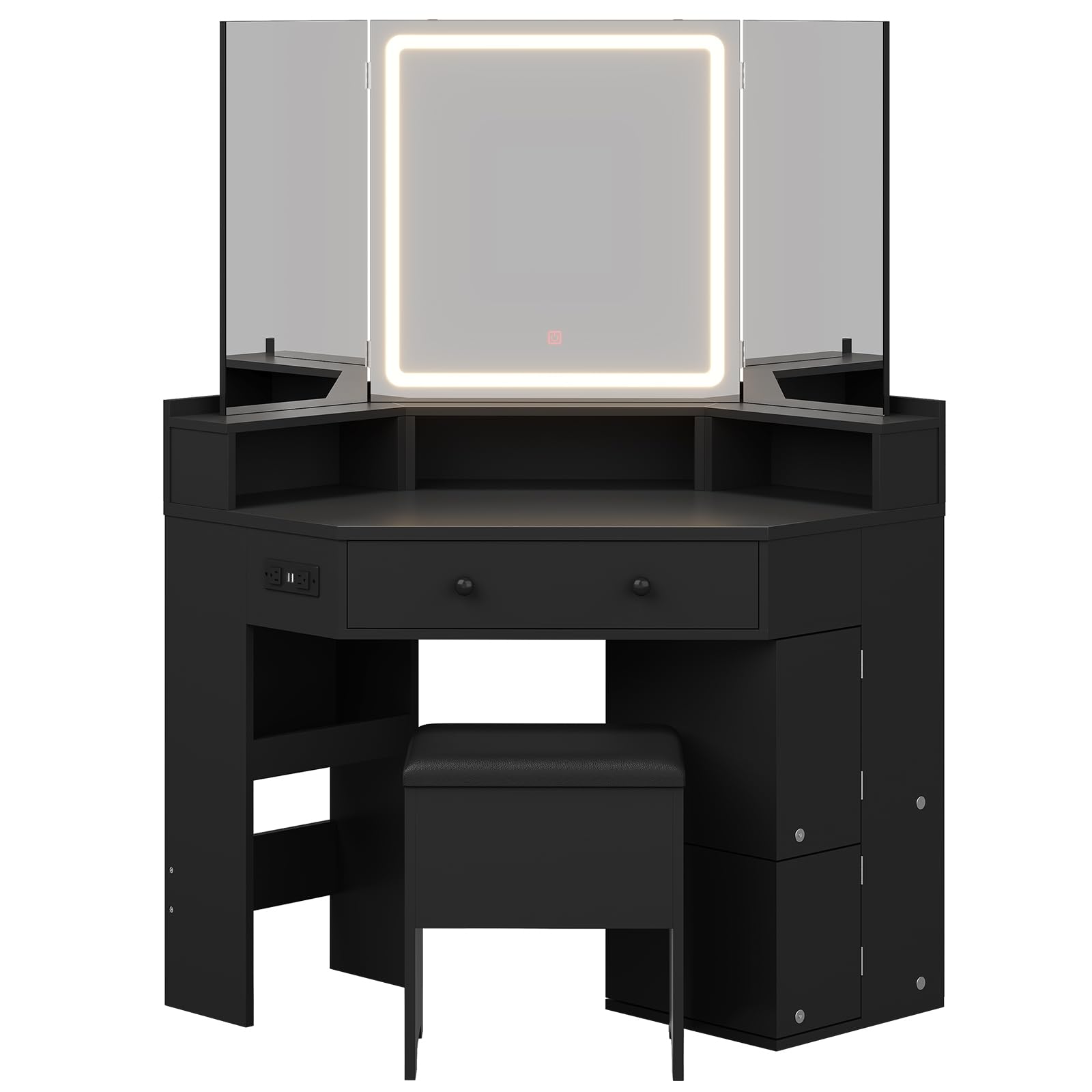 Vanity with Mirror and Lights, Power Outlet & Rotating Shelves, Makeup Vanities