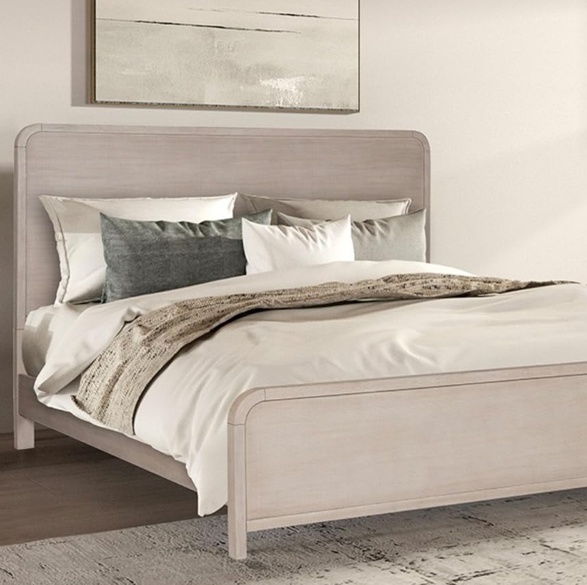 Modern Queen Platform Bed, Fog Gray Rubberwood with Oak Veneer