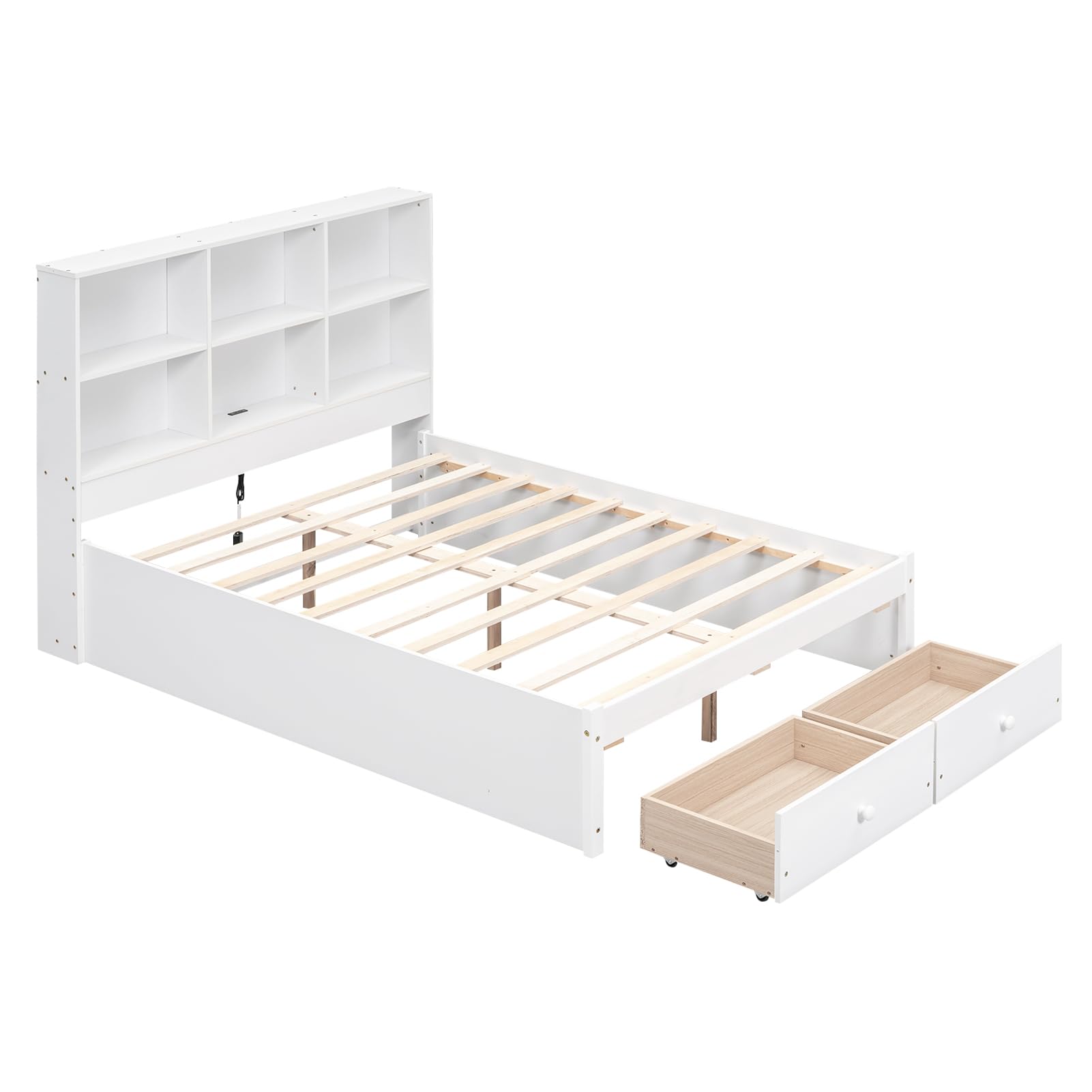 Frame with Bookcase Headboard and Charging Station, Wood Platform Bed
