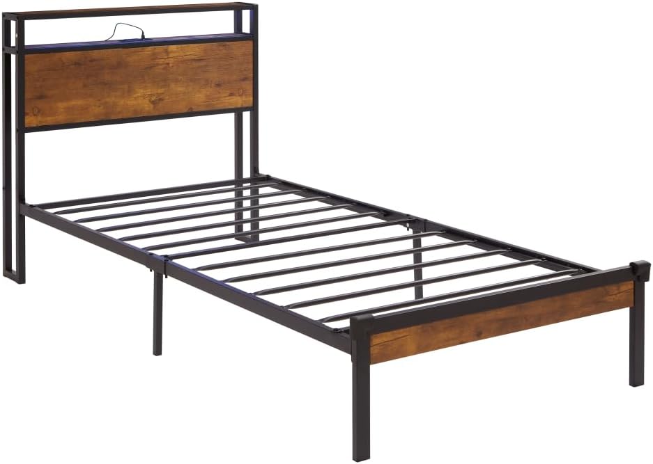 Twin Size Metal Platform Bed, Wooden Headboard Metal Bed Frame