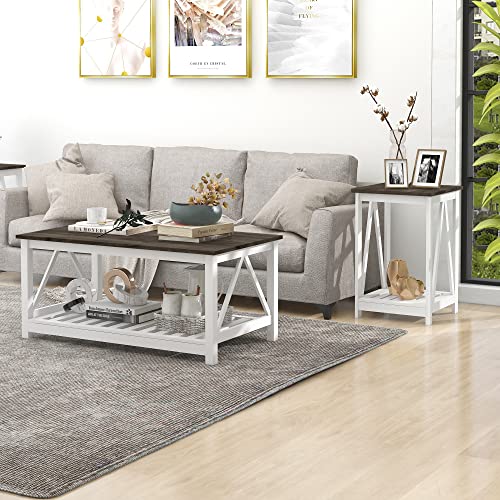 Farmhouse Coffee Table & End Table Set | Slats Shelf, Dark Oak, White Frame
