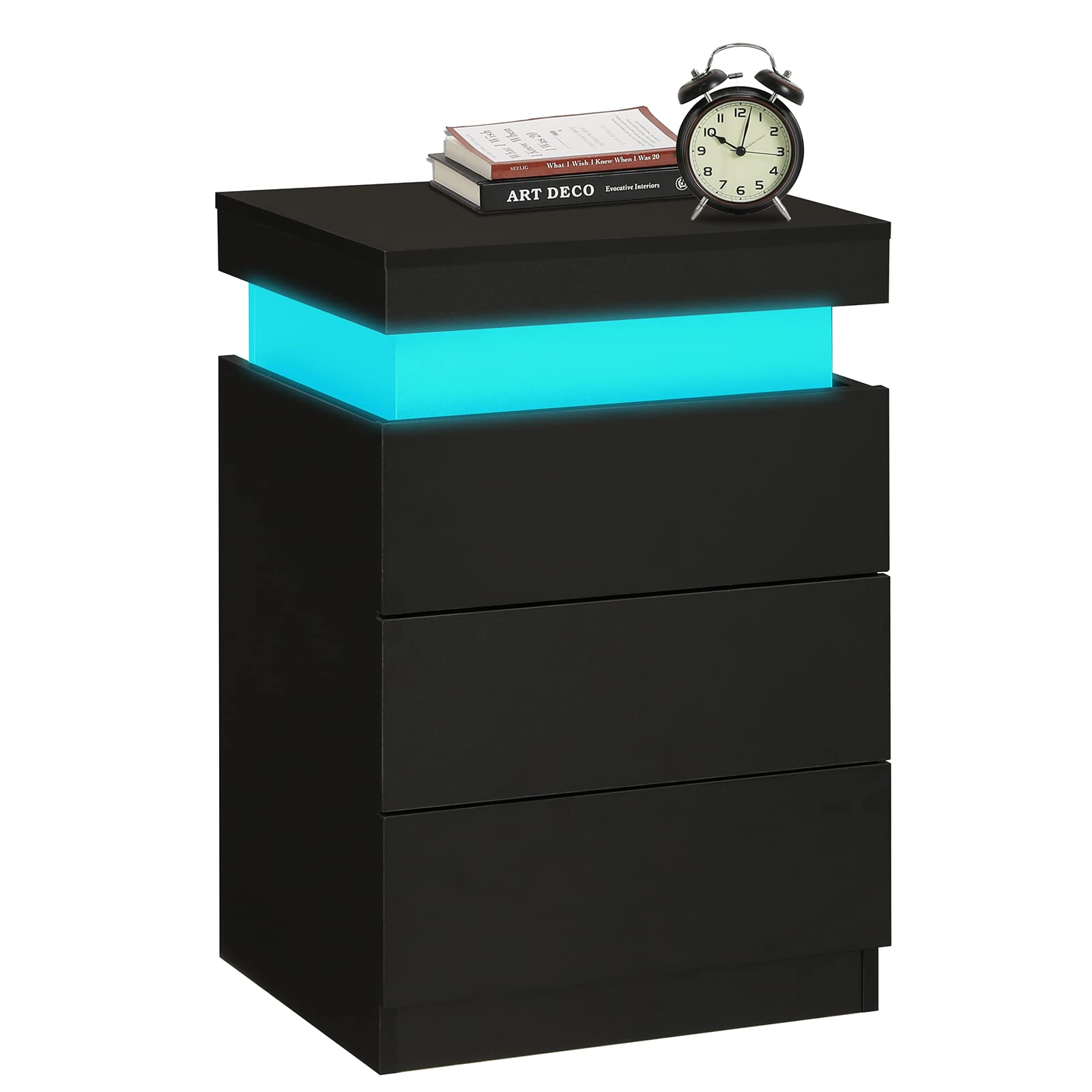 Nightstand with Charging Station and LED Lights,Night Stand with Sliding Top