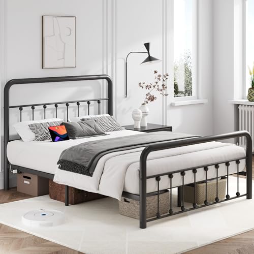 Queen Bed Frame Classic Metal Platform Bed Frame with Charging Station & LED