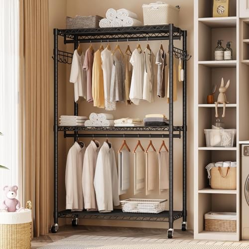 Armoire Wardrobe Closet Metal Cabinet and Clothes Rack with Wheels