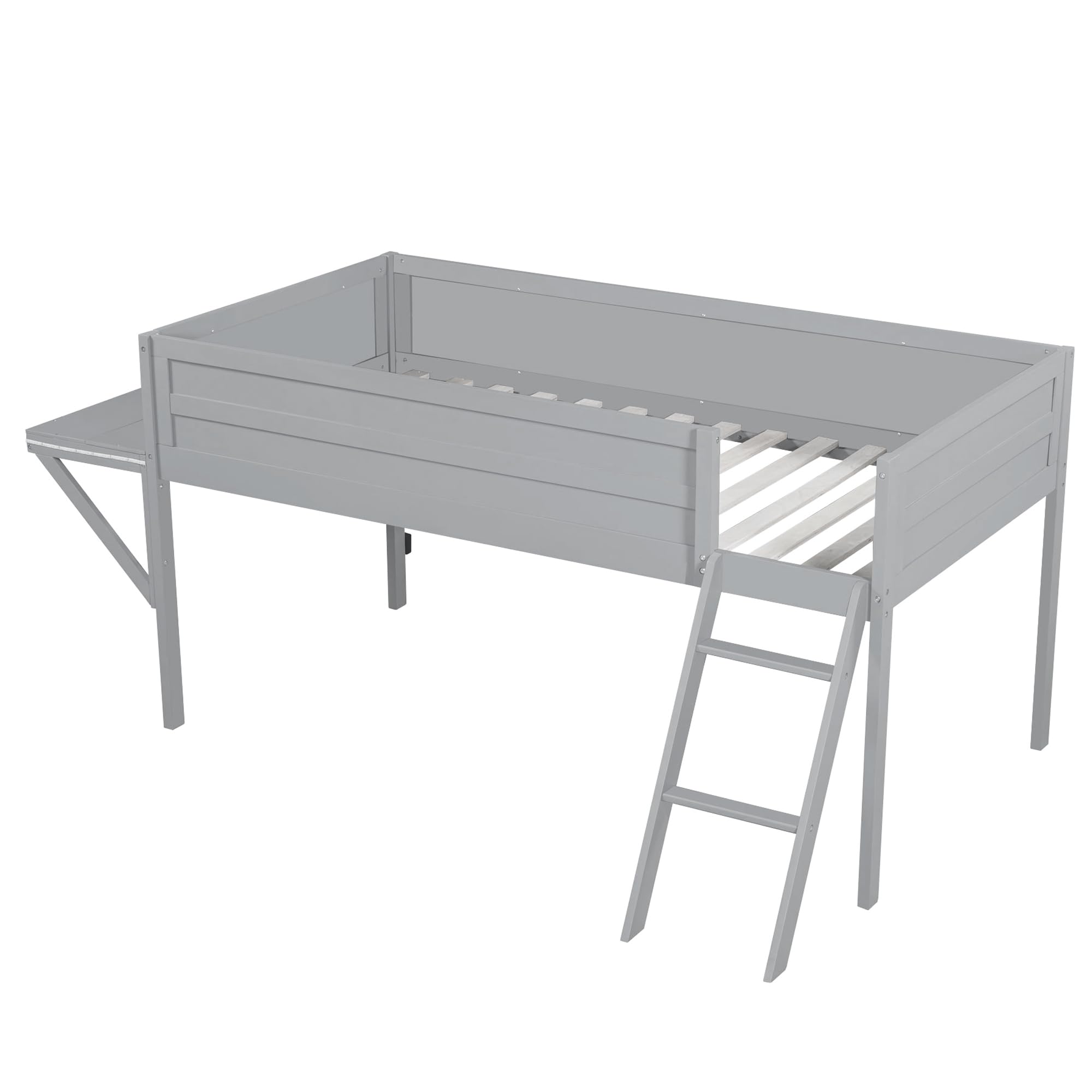 Twin Low Loft Bed Frame with LED Lights, Guardrail and Ladde