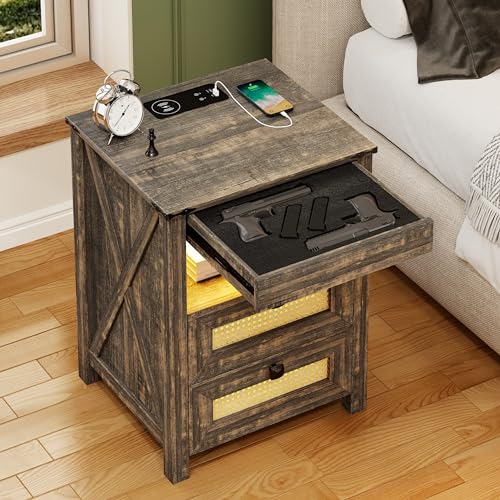 Rustic Nightstand with Gun Drawer, End Table with Charging Station