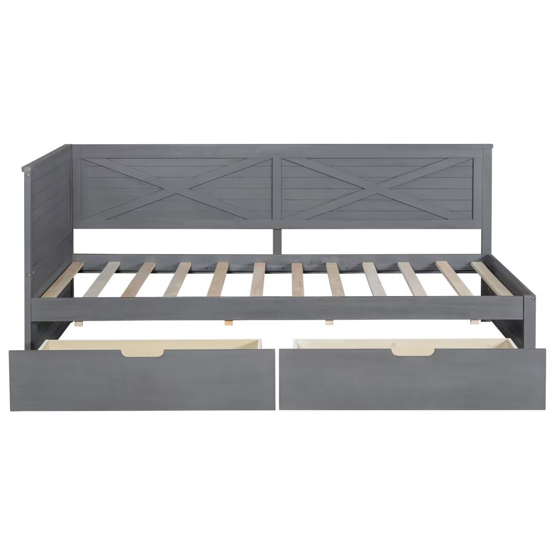 Twin Size Daybed with 2 Drawers and Rustic Guardrail, Wood Captain Platform Bed