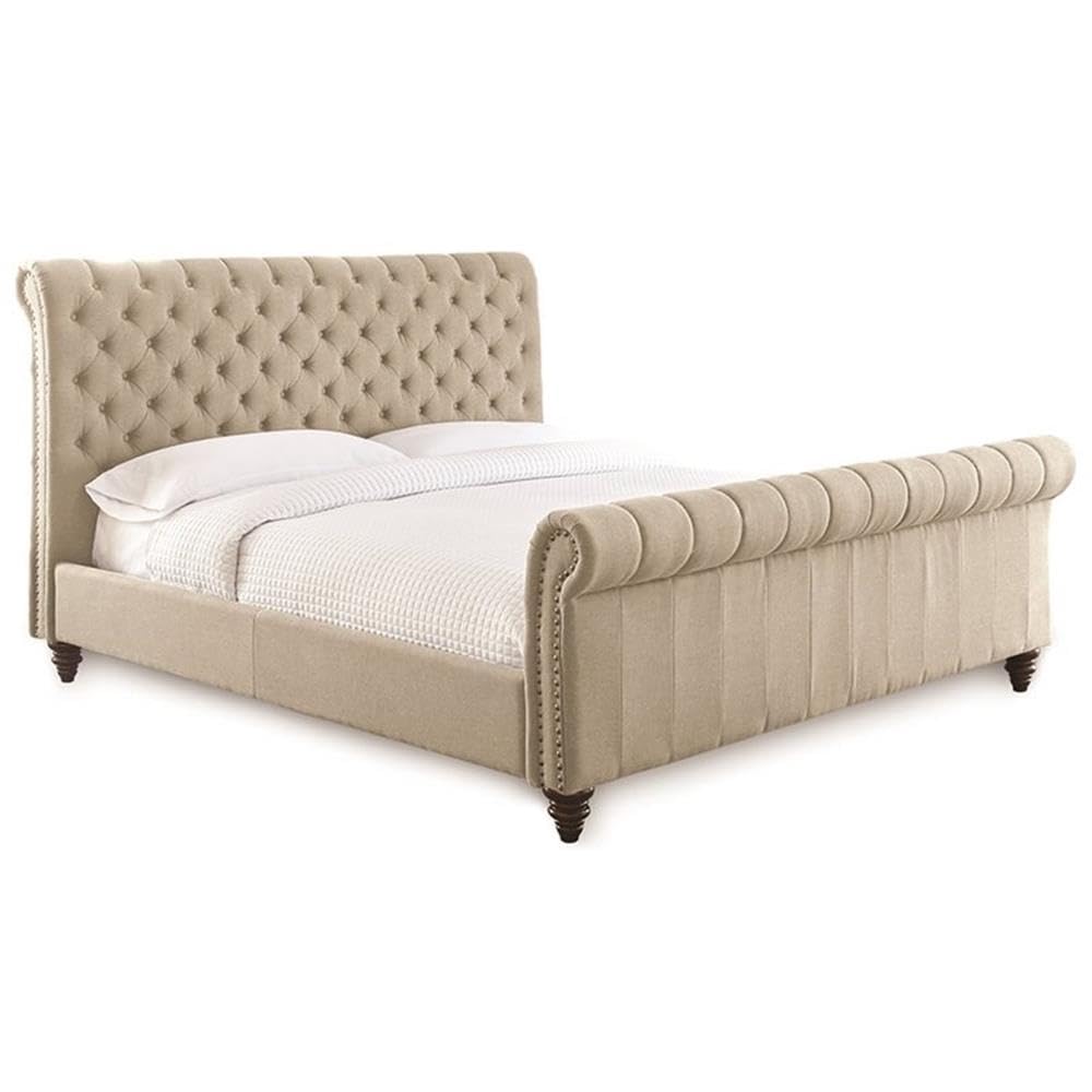Transitional Fabric Upholstered King Sleigh Bed in Sand Beige
