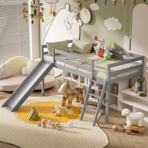 Low Loft Bed with Slide, Wood Twin Loft Bed Frame with Climbing Ladder & Storage